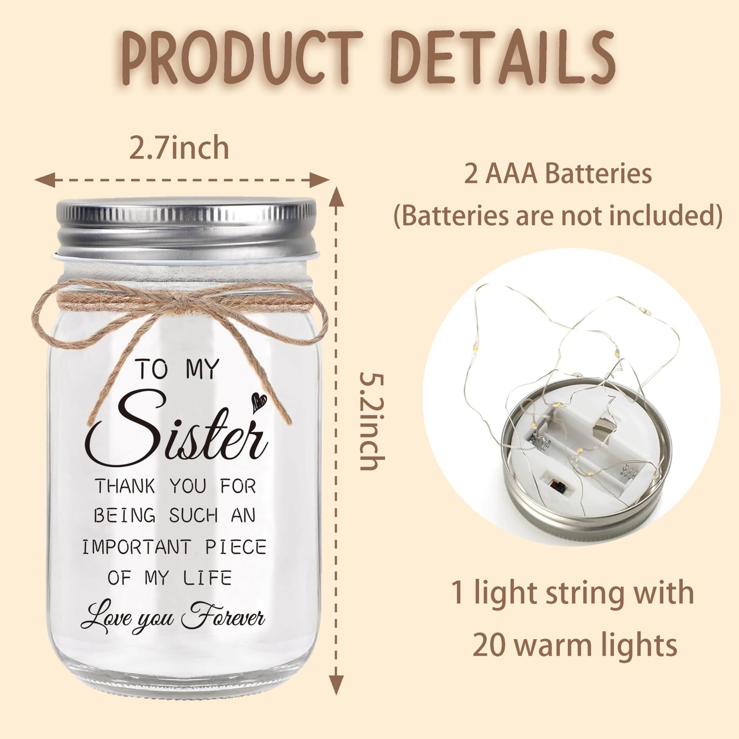 Sister Gifts - Mason Jar Night Lights with Warm Lights for Sisters, Unique Sister Birthday Gifts Ideas for Mothers Day Christmas Valentines Day, Heartfelt Home Decor Gift
