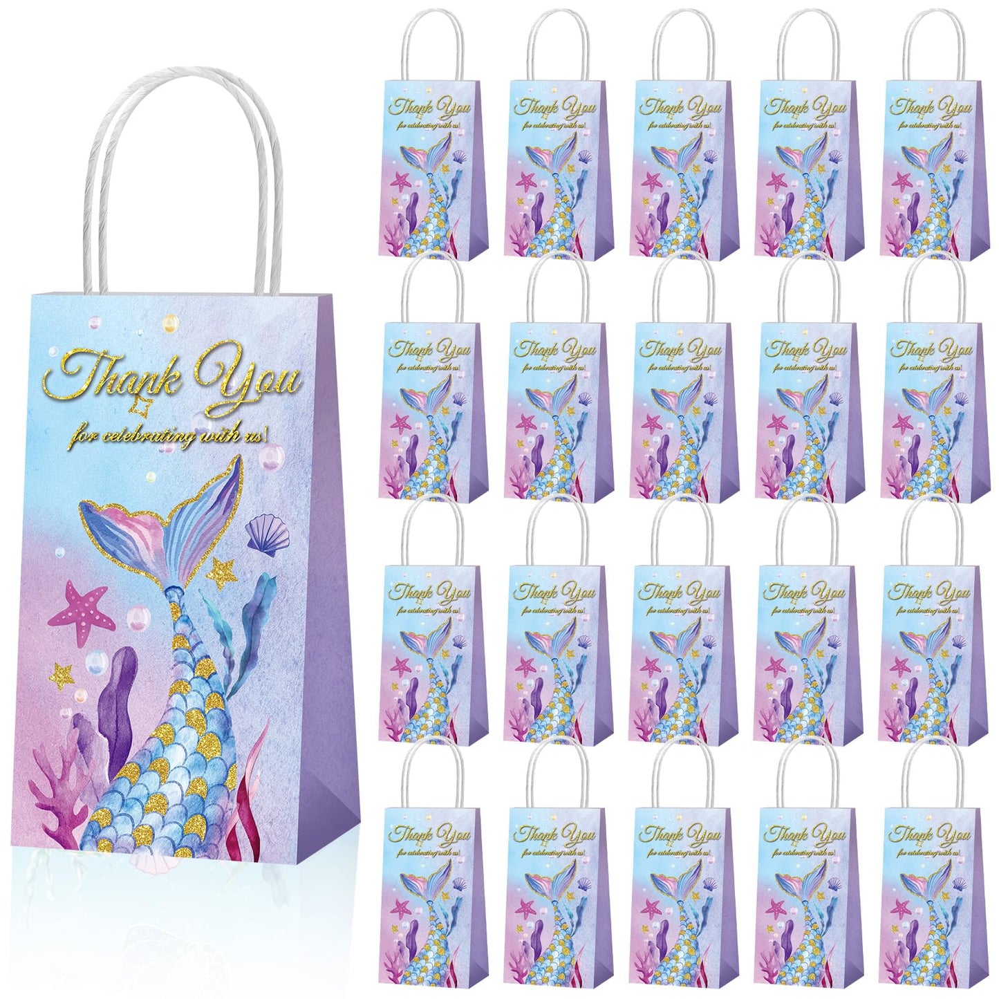 Fumete 20 Pcs Mermaid Gift Bags Mermaid Party Favor Bags Thank You Goodie Candy Treat Containers with Handles for Birthday Baby Shower Party Decoration Supplies(Mermaid Tail)