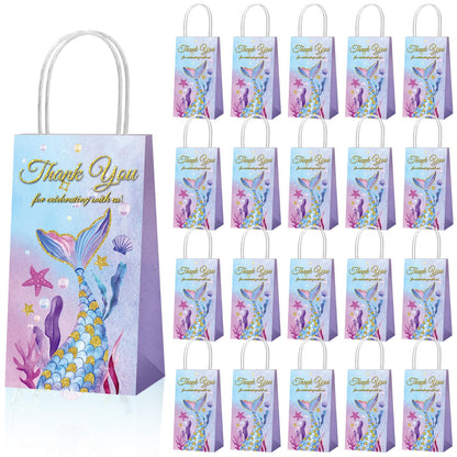 Fumete 20 Pcs Mermaid Gift Bags Mermaid Party Favor Bags Thank You Goodie Candy Treat Containers with Handles for Birthday Baby Shower Party Decoration Supplies(Mermaid Tail)