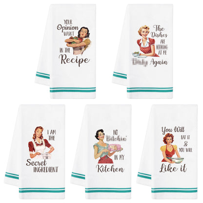 R HORSE 5Pcs Funny Kitchen Dish Towels, Funny Joked Themed Kitchen Dishcloth Absorbent Retro Sassy Lady Cleaning Dishcloth Bar Hilarious Hand Towel Gifts for Hostess Mom Women Housewarming