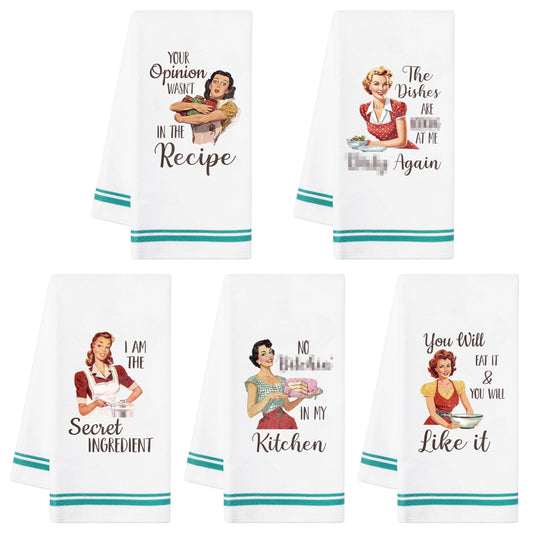 R HORSE 5Pcs Funny Kitchen Dish Towels, Funny Joked Themed Kitchen Dishcloth Absorbent Retro Sassy Lady Cleaning Dishcloth Bar Hilarious Hand Towel Gifts for Hostess Mom Women Housewarming