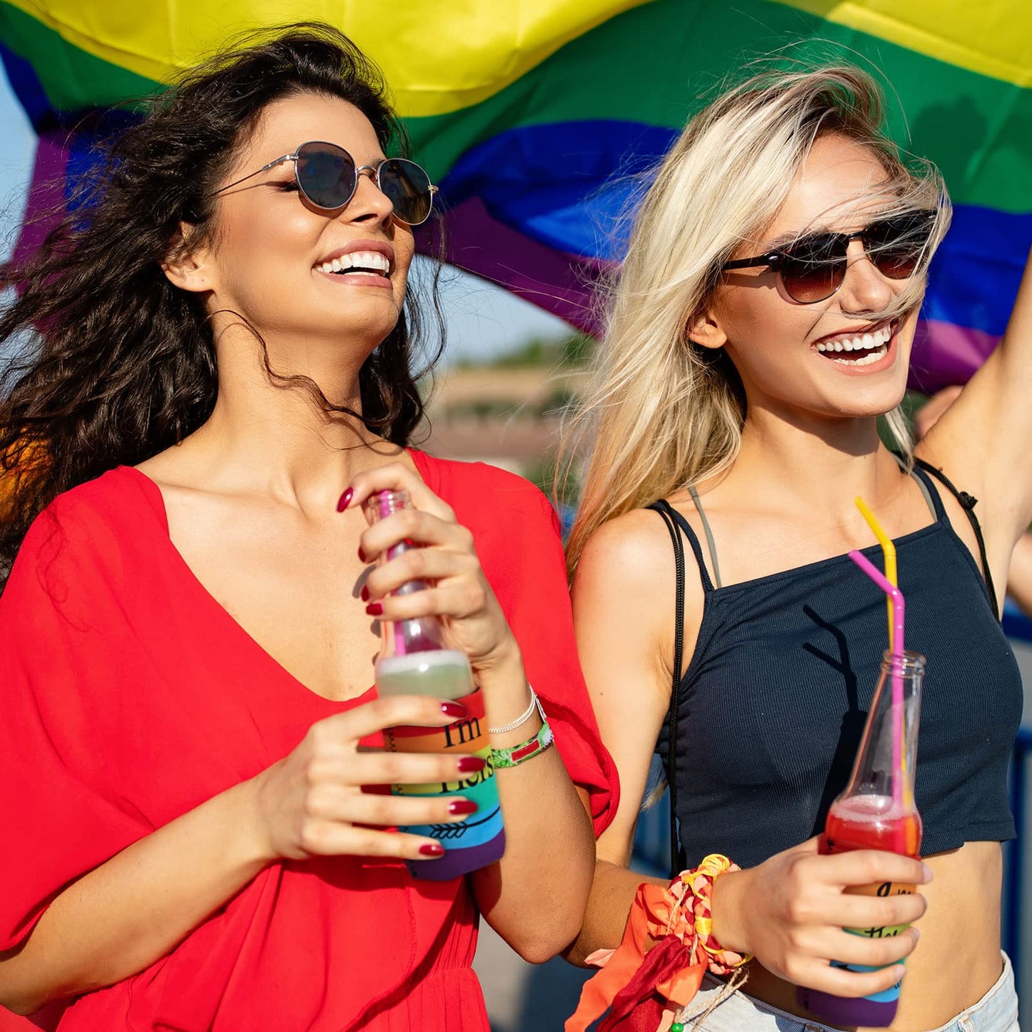 3 Pcs Lesbian Engagement Gift Lesbian Couple Wedding Present Idea Rainbow Neoprene Can Coolers Sleeves with Pink Velvet Bags for Gay LGBT Wedding Bachelorette Engagement Party Decorations