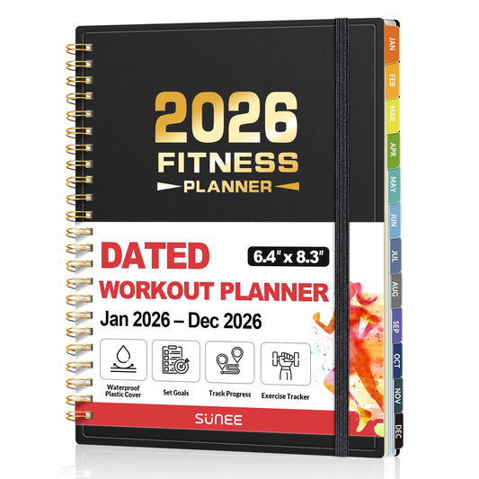 2026 Fitness Workout Journal Planner for Women & Men, JAN 2026 - DEC 2026 Exercise Planner, 6.4" x 8.3" Workout Calendar Journal Essentials Gift for Goals, Tracking, Gifts with PVC Plastic Cover,Black