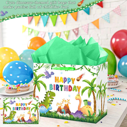 QISOLIY Dinosaur Birthday Gift Bag for Kids Boys Happy Birthday Gift Bag with Tissue Paper and Greeting Card, Cute Dino Party Favor Bag for Children, Party Present Wrapping Bag with Handle