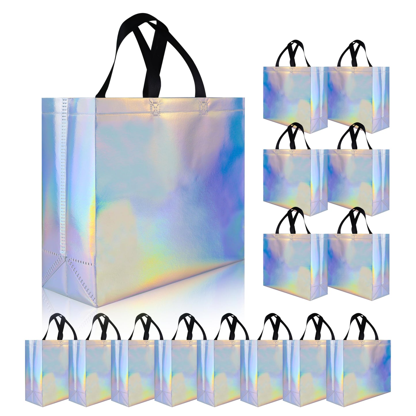cabzymx Glossy Iridescent Gift Bags 15 Pcs, 12.6x4.7x11 In Reusable Goodie Bags Bulk with Handles & Sturdy Base, Christmas Gift Bags for Birthday, Wedding, Holiday, Party,Thanksgiving