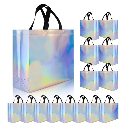 cabzymx Glossy Iridescent Gift Bags 15 Pcs, 12.6x4.7x11 In Reusable Goodie Bags Bulk with Handles & Sturdy Base, Christmas Gift Bags for Birthday, Wedding, Holiday, Party,Thanksgiving