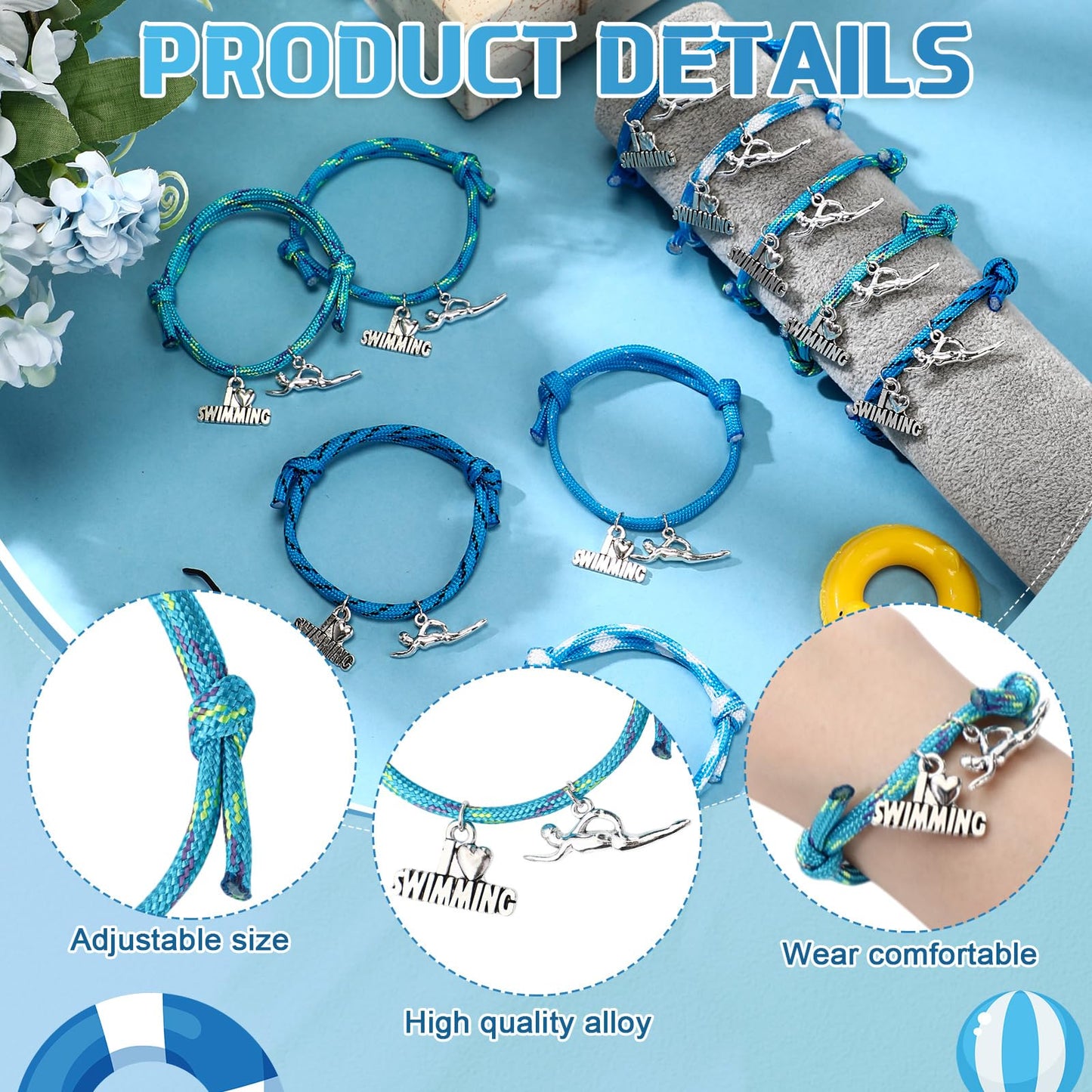 Huquary 30 Pcs Swimming Bracelets Gift Bulk Blue Swim Adjustable Braided Rope Cord with I love Swimming Charm Appreciation Supplies for Swim Team Coach Teen Swimmer Birthday Action Sport Party Favor
