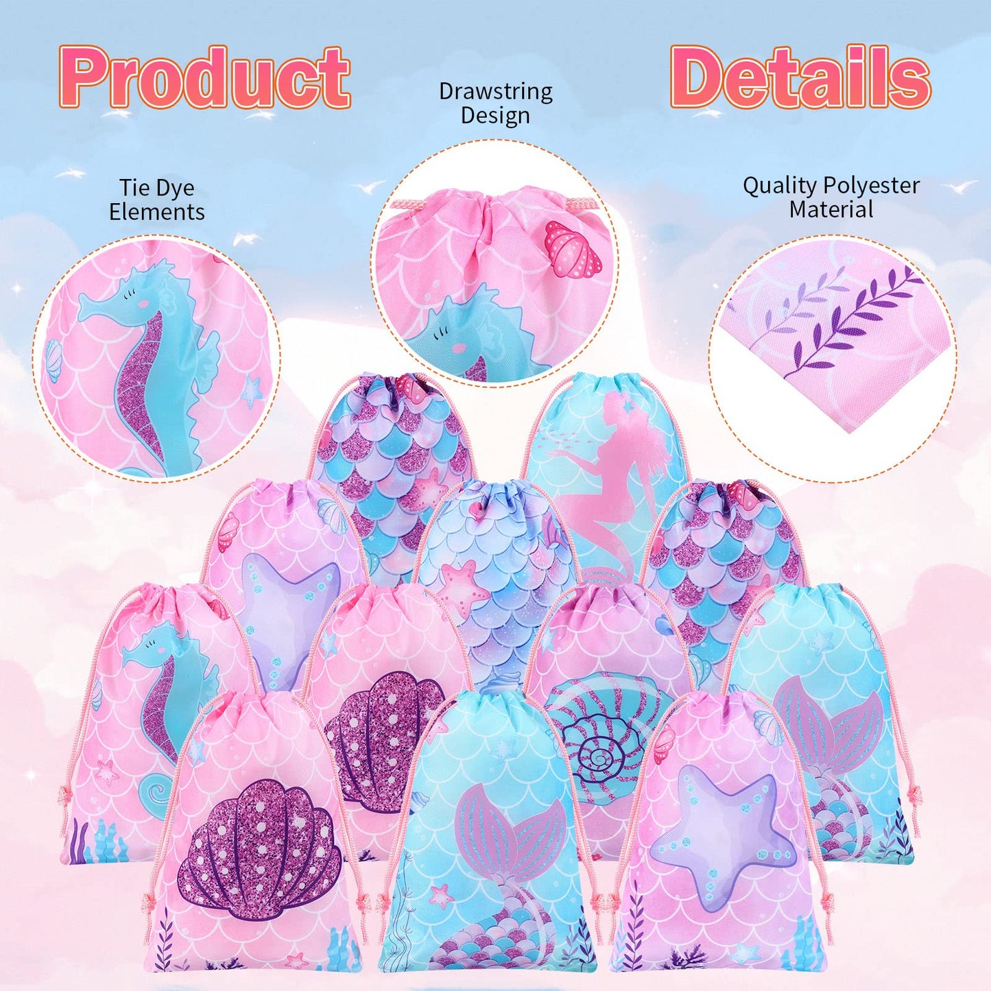 Clabby 12 Pcs Mermaid Drawstring Backpack Bulk Mermaid Party Favor Bags Candy Gifts Treat Bags for Birthday Party Supplies Fish Scales Under the Sea Ocean Theme Decoration