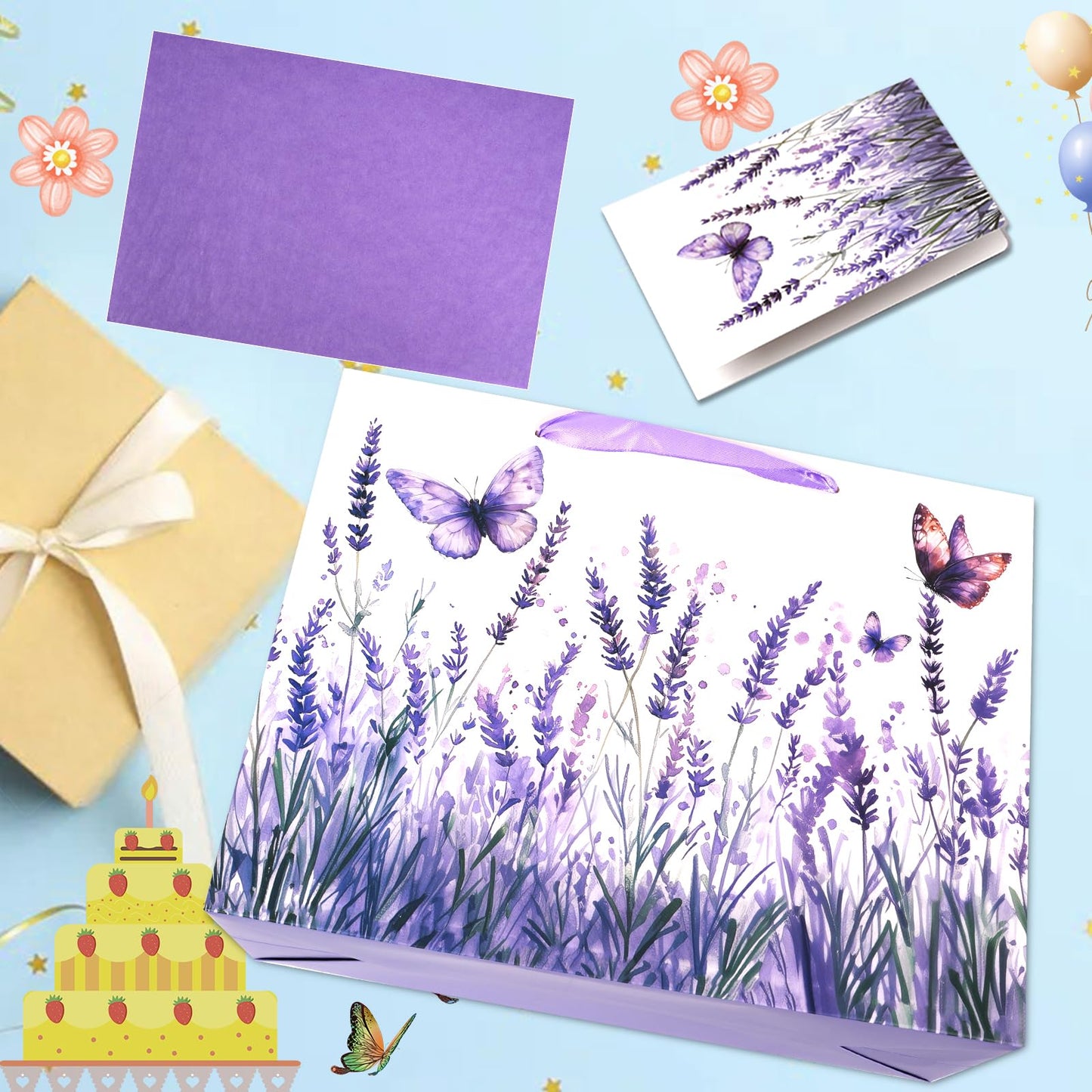 JOCOPUERTO Lavender Birthday Gift Bag - 13" Large Purple Butterfly Gift Bag with Tissue Paper and Card for Women Purple Themed Birthday Party Supplies