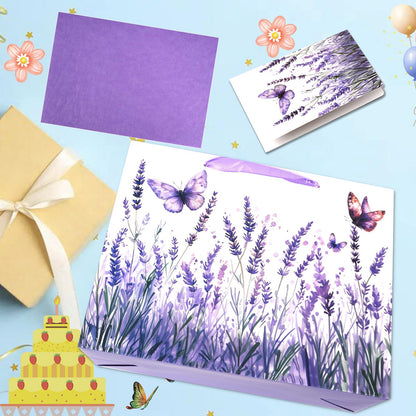 JOCOPUERTO Lavender Birthday Gift Bag - 13" Large Purple Butterfly Gift Bag with Tissue Paper and Card for Women Purple Themed Birthday Party Supplies