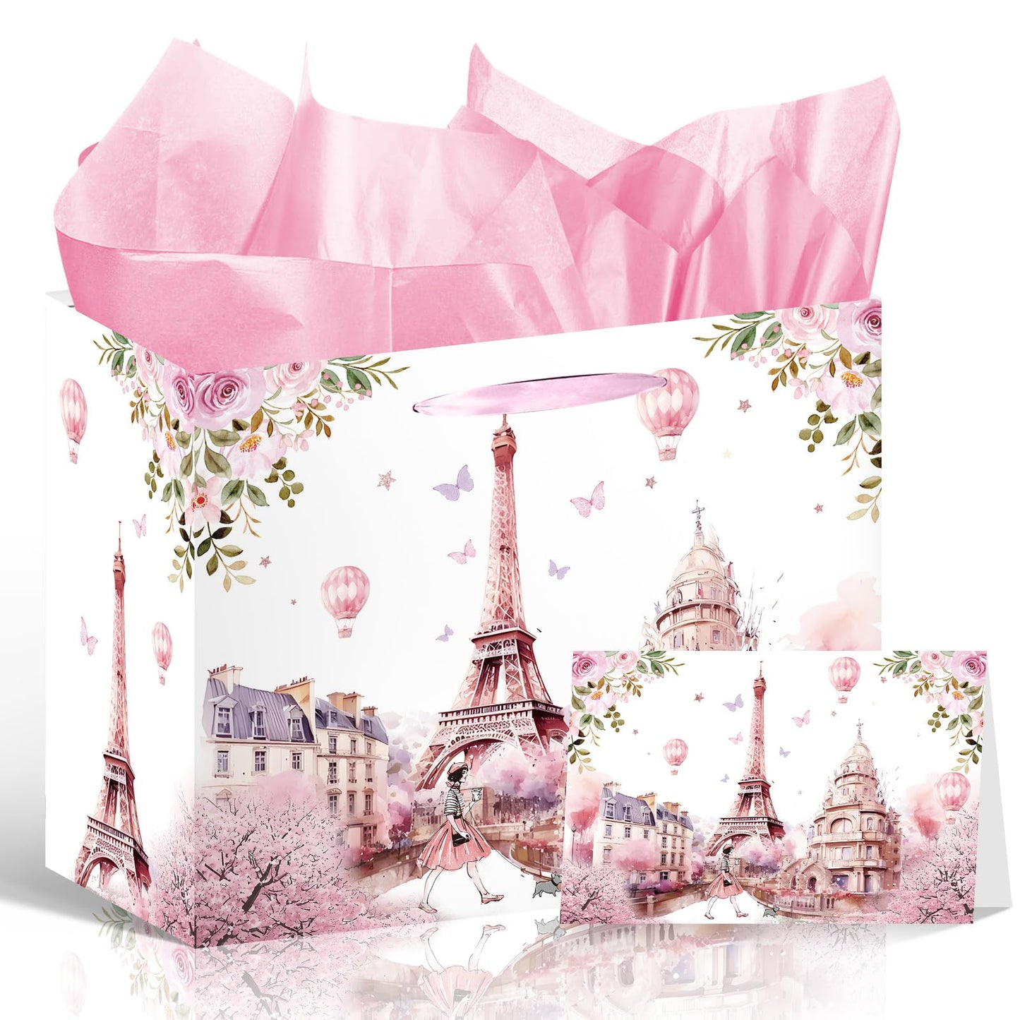 Wxiben Paris Themed Party Decorations - Eiffel Tower Gift Bag, Pink Flower Party Favor Wrapping Bag with Handle Tissue Paper Greeting Card, Birthday Baby Shower Decor Supplies for Women Girls