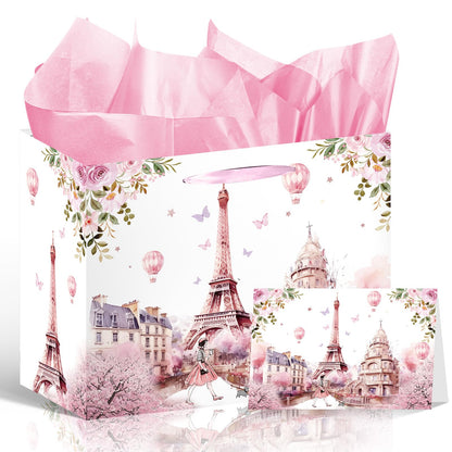 Wxiben Paris Themed Party Decorations - Eiffel Tower Gift Bag, Pink Flower Party Favor Wrapping Bag with Handle Tissue Paper Greeting Card, Birthday Baby Shower Decor Supplies for Women Girls