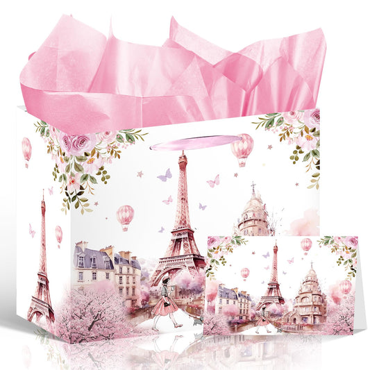 Wxiben Paris Themed Party Decorations - Eiffel Tower Gift Bag, Pink Flower Party Favor Wrapping Bag with Handle Tissue Paper Greeting Card, Birthday Baby Shower Decor Supplies for Women Girls