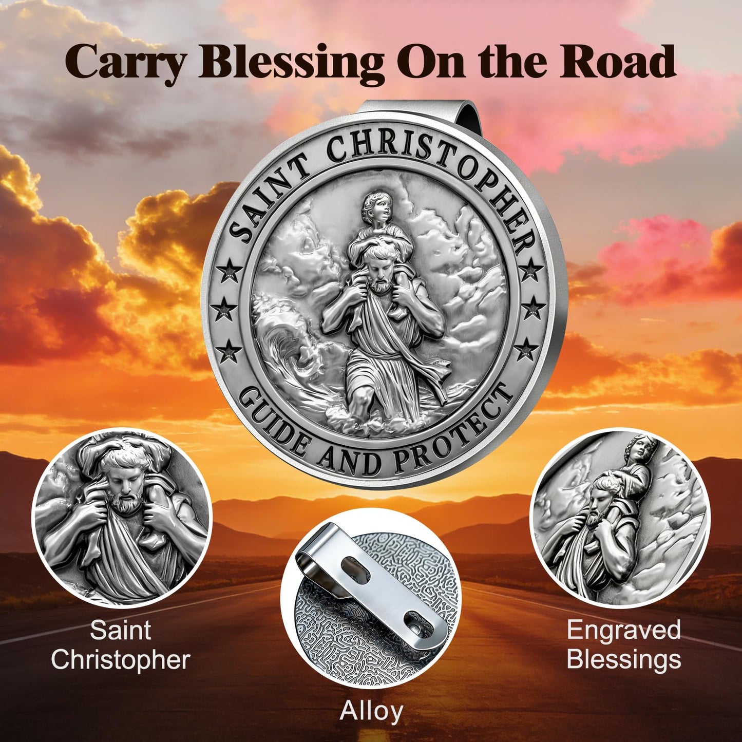 PloreWay Saint Christopher Medal for Car, Metal St. Christopher Car Visor Clip, Gifts for Catholic Men, Talisman for Safety, Automotive Visor Accessories, Gift for Drivers, Families, Friends