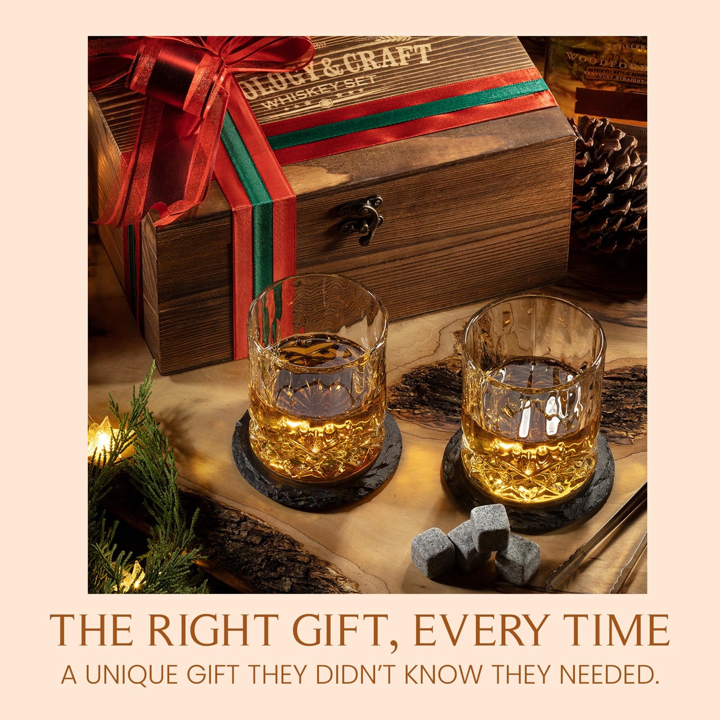 Mixology & Craft Whiskey Stones Gift Set: with Two 10oz Lead-Free Crystal Whiskey Glasses, 8 Whiskey Stones with Velvet Bag, 2 Slate Coasters & Recipe Cards in Wooden Crate | Great