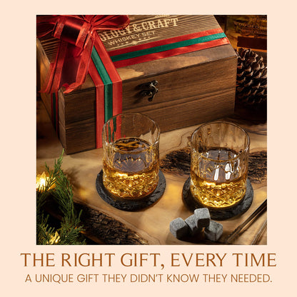 Mixology & Craft Whiskey Stones Gift Set: with Two 10oz Lead-Free Crystal Whiskey Glasses, 8 Whiskey Stones with Velvet Bag, 2 Slate Coasters & Recipe Cards in Wooden Crate | Great