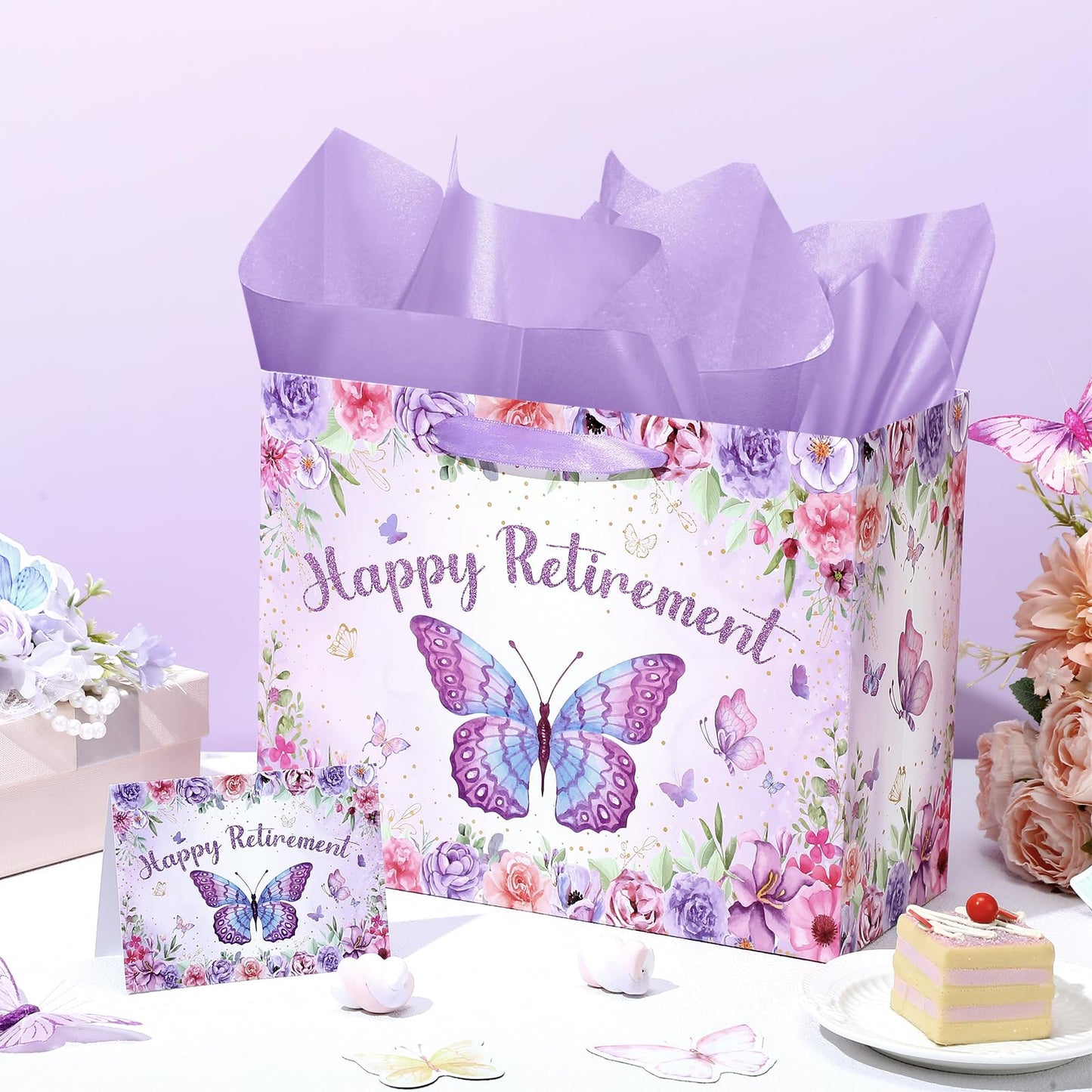 Purple Retirement Gift Bag for Women Butterfly Retirement Wrapping Paper Bag with Tissue Paper and Card Retired Gifts for Women Purple Retired Decorations Supplies for Going Away Farewell Party