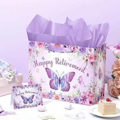Purple Retirement Gift Bag for Women Butterfly Retirement Wrapping Paper Bag with Tissue Paper and Card Retired Gifts for Women Purple Retired Decorations Supplies for Going Away Farewell Party