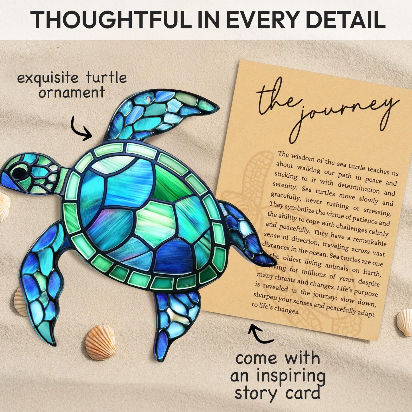 Sea Turtle Acrylic Suncatcher Ornament with Story Card, Sea Turtle Gifts for Women, Beach Gifts for Women, Beach Christmas Ornaments for Tree, White Elephant Presents for Friendship (Blue Sea)
