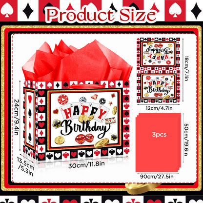 Woosytoo Casino Birthday Gift Bags with Card and Wrapping Paper Casino Party Favors Las Vegas Poker Themed Gift Bag for Men Women Christmas Casino Birthday Party Decorations Supplies