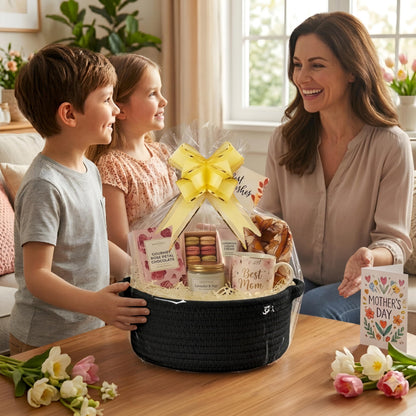 momolette Basket for Gifts Empty, Woven Gift Basket Set with Gift Bag, Ribbon, Greeting Cards & 5.3 oz Raffia Paper Filler for Birthdays, Baby Showers, Weddings, Holidays (Black)
