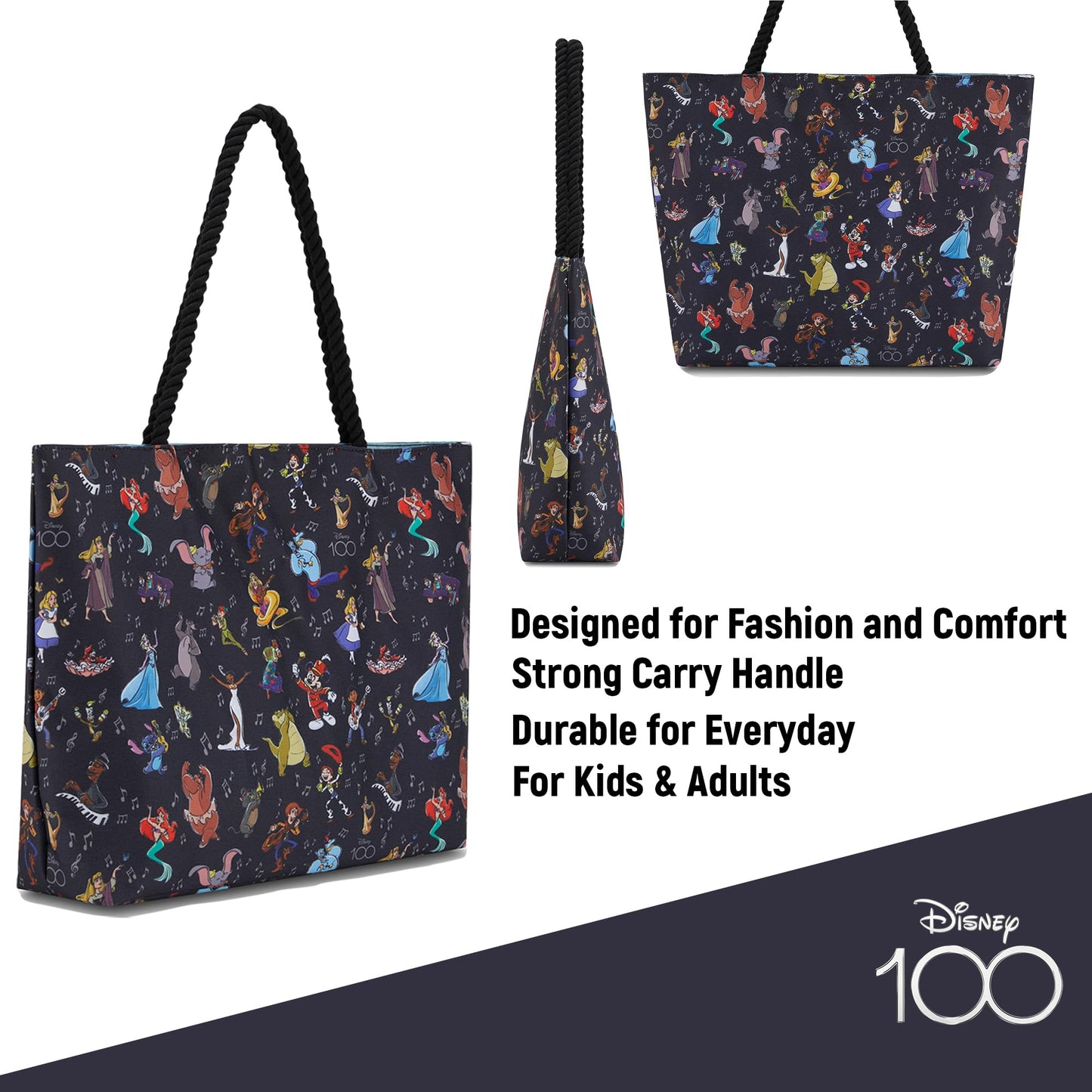 Disney Mickey & Stitch Canvas Tote Bag – Official 100 Minnie Mouse Travel Tote for Girls, Boys, Teens & Adults