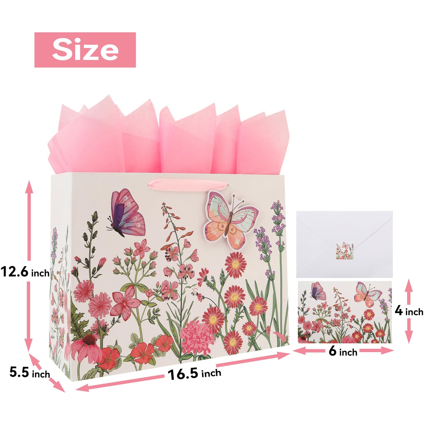 Qirrmiy 16.5” Extra Large 3D Butterfly Gift Bag Set with Handles, Greeting Card, Pink Tissue Papers and Stickers for Women Girls for Birthday, Mothers' Day, Wedding, Anniversary, Floral Design, 1 Pcs