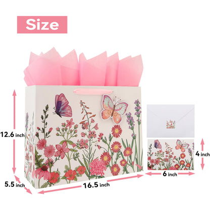 Qirrmiy 16.5” Extra Large 3D Butterfly Gift Bag Set with Handles, Greeting Card, Pink Tissue Papers and Stickers for Women Girls for Birthday, Mothers' Day, Wedding, Anniversary, Floral Design, 1 Pcs