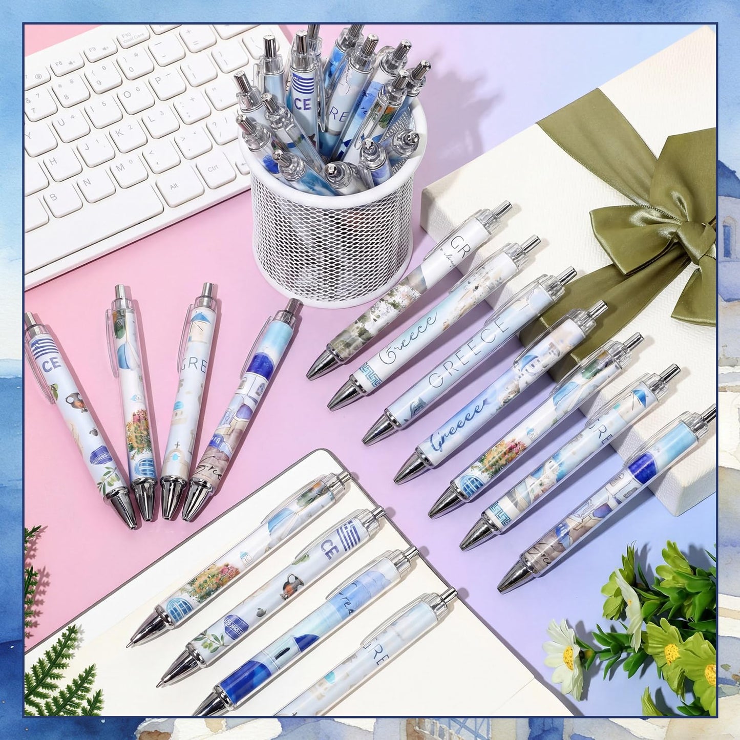 Sayglossy 15 Pcs Greece Travel Ballpoint Pens Greece Souvenirs Gifts Greek Travel Pen Bulk Retractable European Souvenirs for Office Supplies Traveler Gifts