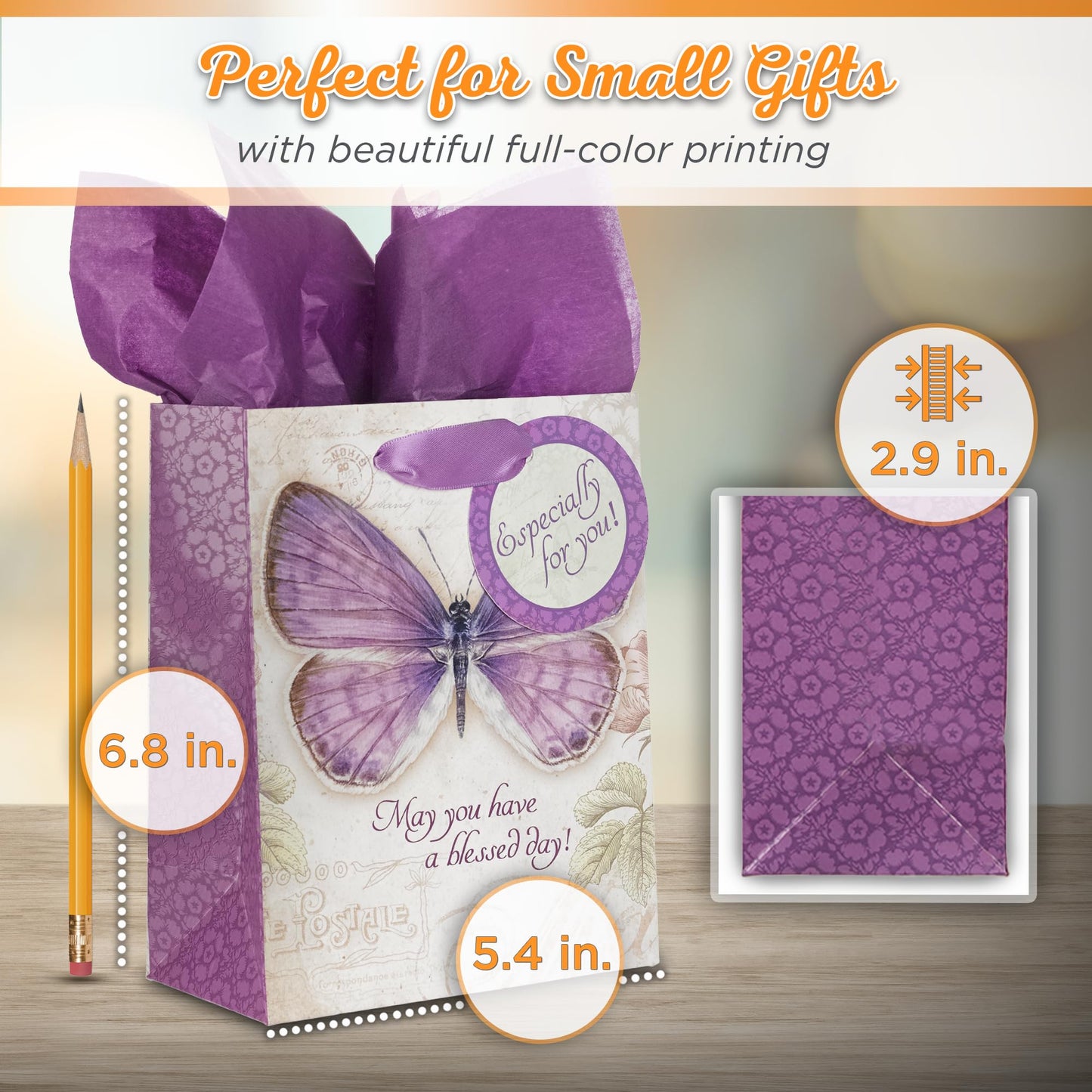 Christian Art Gifts Gift Bag, Card, and Tissue Paper Blessed Day Numbers 6:24 Bible Verse, Purple Butterfly, Small