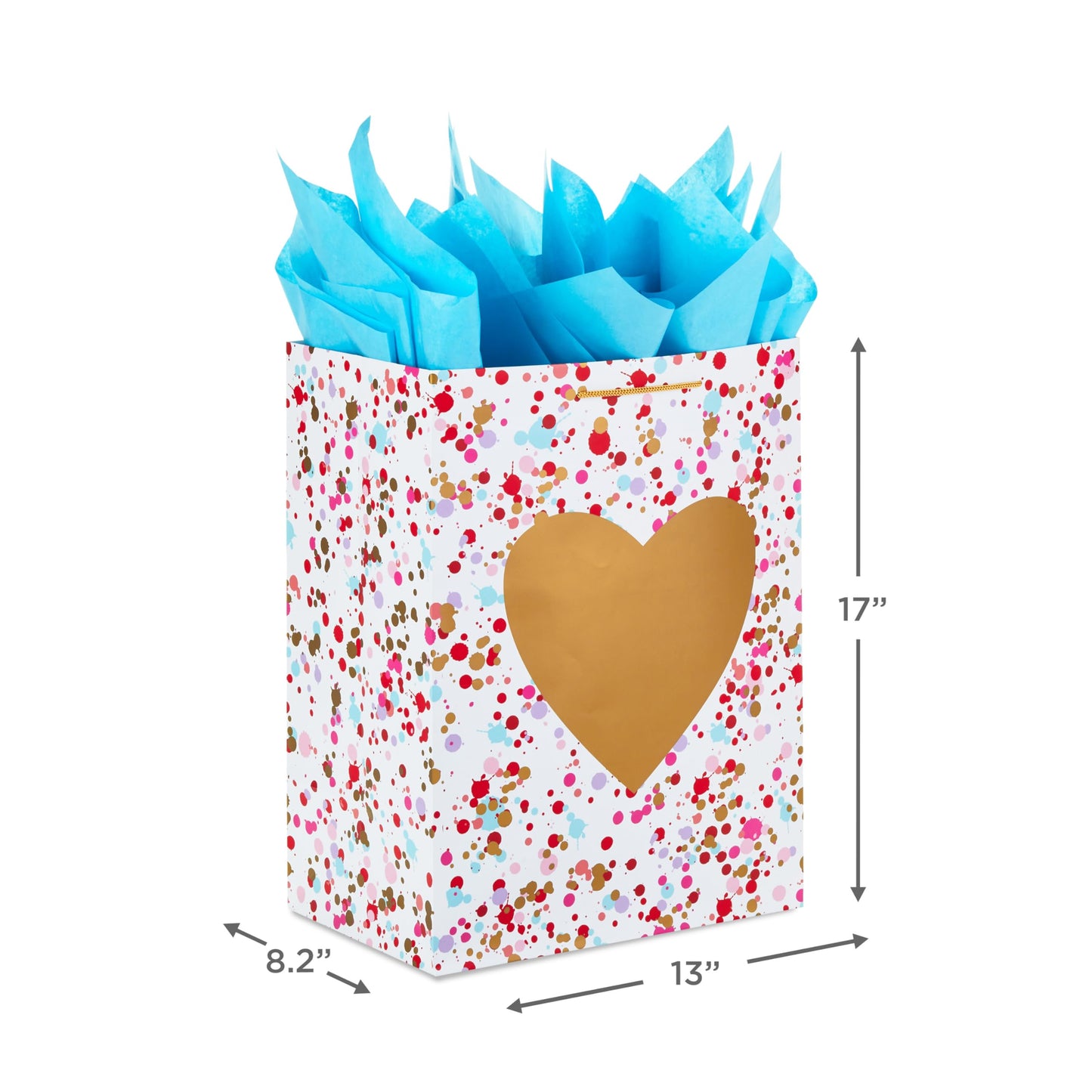 Hallmark 17" Extra Large Valentine's Day Gift Bag with Blue Tissue Paper (Gold Heart, Paint Splatters)