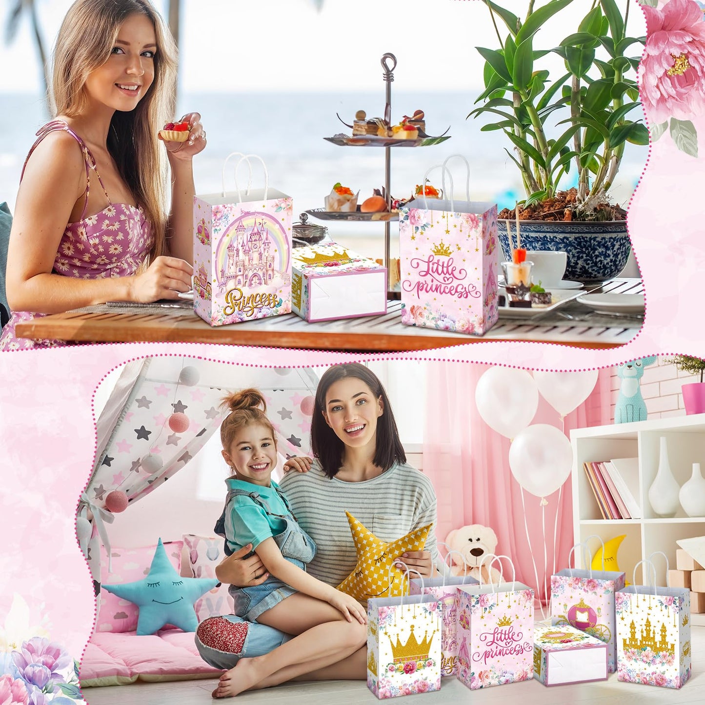 Kosiz 24 Pcs Princess Party Favors Bags Paper Little Princess Gift Goodie Bags with Handles Pink Floral Castle Crown Carriage Candy Treat Pouch for Girls Birthday Baby Shower Party Decoration Supplies