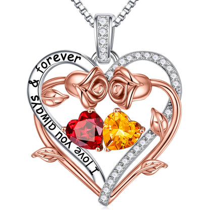 Iefil Mothers Day Gifts for Wife - Rose Heart Double Birthstone Necklace Gifts for Wife Girlfriend Her Women, Birthstone Jewelry Gemstone Birthday Gift for Mom Grandma Her Women
