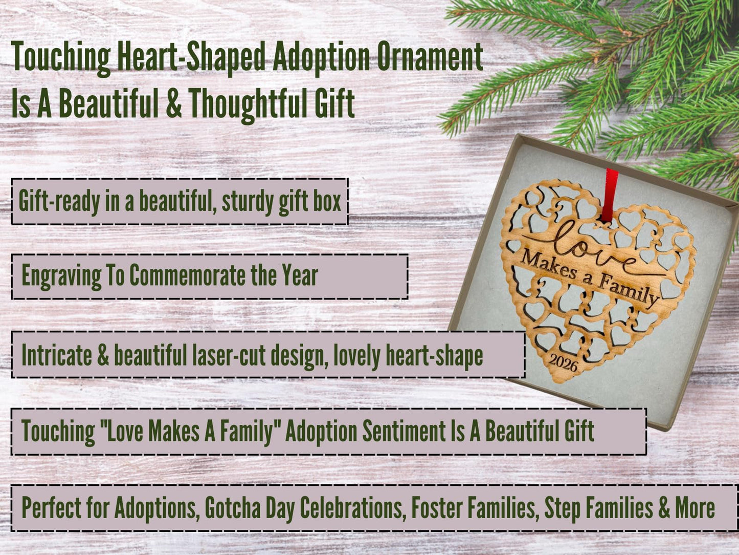 2026 Adoption Ornament in Laser Cut Wood - Love Makes A Family - Gotcha Day Gift, Great for Family or Blended Ideas, Comes in a Gift Box