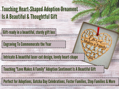 2026 Adoption Ornament in Laser Cut Wood - Love Makes A Family - Gotcha Day Gift, Great for Family or Blended Ideas, Comes in a Gift Box