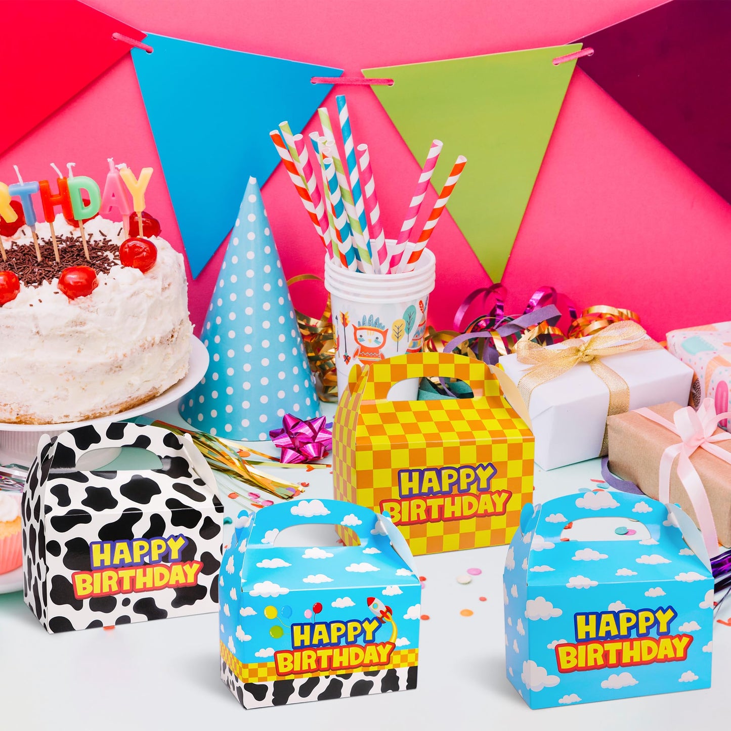 Bsenhe 16PCS Cartoon Gift Bag, Cartoon Birthday Decorations Goodie Bags Party Favor Boxes for Theme Birthday Party Supplies Sky White Cloud Cow Print Candy Bags