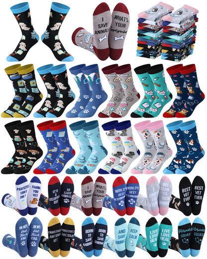 Skicuff 24 Pairs Bulk Vet Technician Socks for Woman Men Funny Veterinary Cotton Crew Socks Vet Tech Week Veterinarian Appreciate Gifts Doctor Nurse Assistant Birthday Gifts
