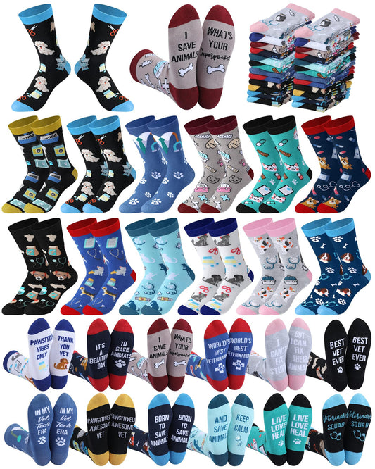 Skicuff 24 Pairs Bulk Vet Technician Socks for Woman Men Funny Veterinary Cotton Crew Socks Vet Tech Week Veterinarian Appreciate Gifts Doctor Nurse Assistant Birthday Gifts