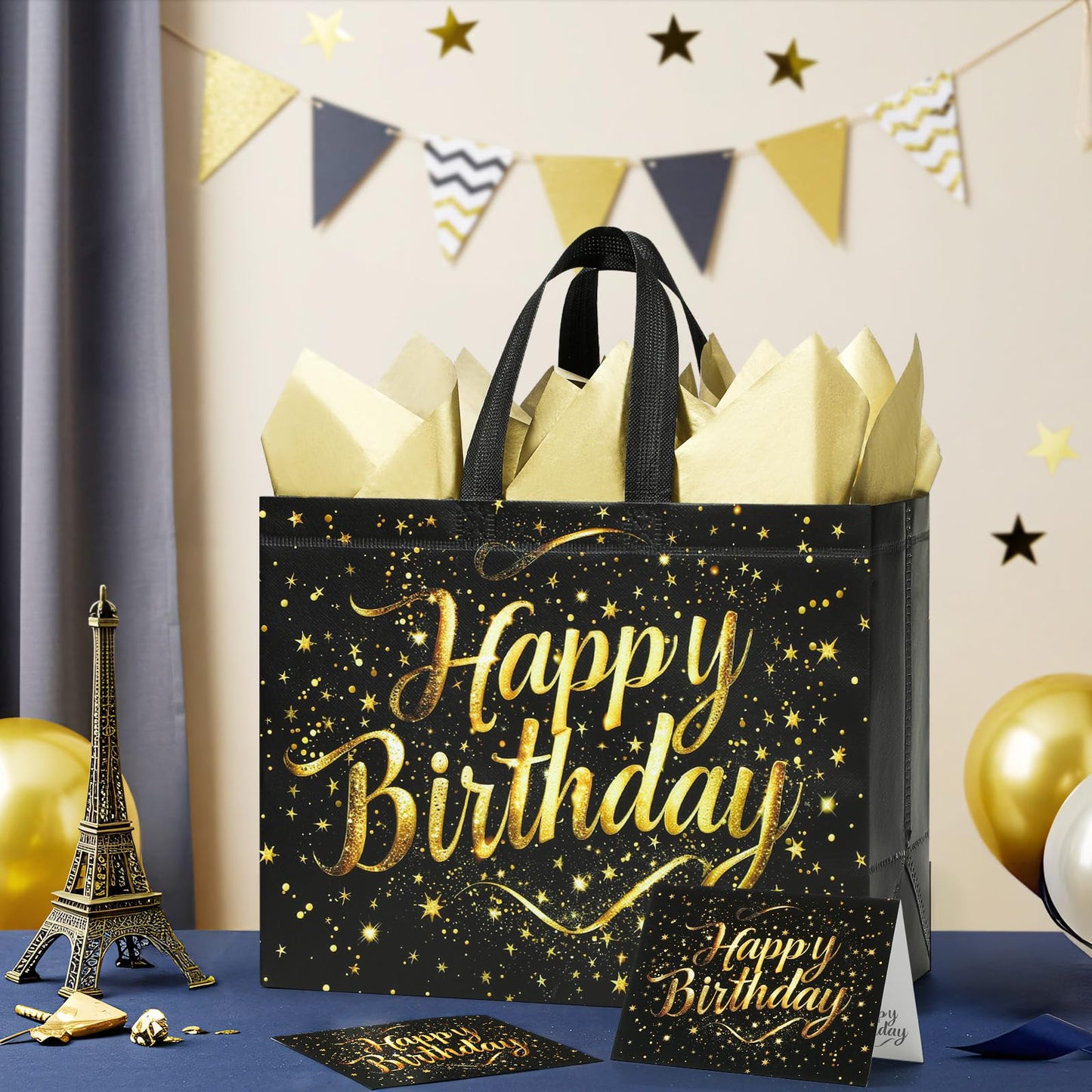 STYPOP 2 Pack 13" Large Birthday Gift Bags with Tissue Paper & Cards, Reusable Non-Woven Happy Birthday Bags with Handles, Perfect Gifts for Men, Boy, Kids, 12.8" x 10.2" x 6.3"