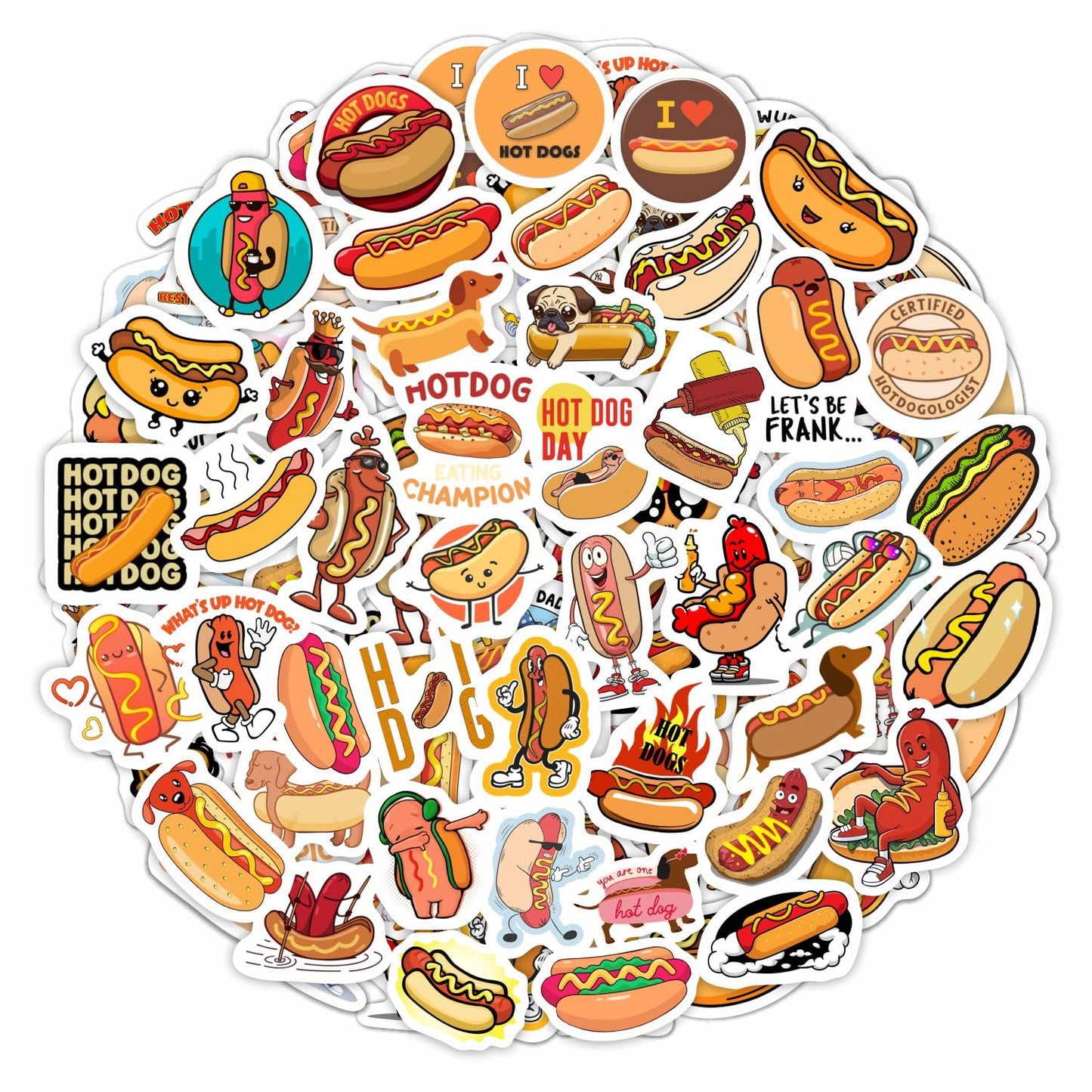 BulbaCraft 100Pcs Hot Dog Stickers for Laptop - Hot Dog Party Decorations, Gifts for Women & Men