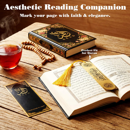 Resurhang 10 Sets Eid al-Adha Mubarak Gifts Islamic Metal Bookmarks Bulk with Cards Hajj Quran Markers Gold Stainless Steel Tassels Muslim Religious Party Favors Men Women