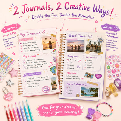 OIHEW 100+ Pcs DIY Journal Kit for Teen Girls - Scrapbook Supplies & Aesthetic Stationary Set with 2 Spiral Notebooks, Stickers, Glitter Pens - Arts and Crafts Birthday Gift for Tweens Girls Age 8-12+