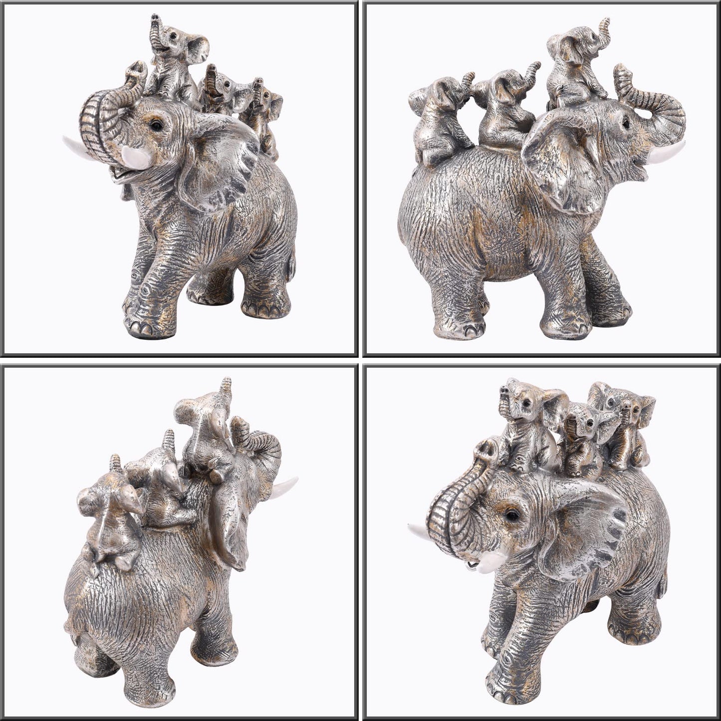Cute Silver Elephant Statue Good Luck Elephant Carries Three Calves on Its Back Figurines Décor for Shelf Good Gifts for Women Decoration for Living Room, Bedroom, Office