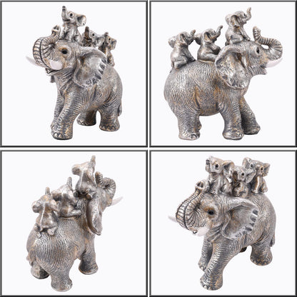 Cute Silver Elephant Statue Good Luck Elephant Carries Three Calves on Its Back Figurines Décor for Shelf Good Gifts for Women Decoration for Living Room, Bedroom, Office
