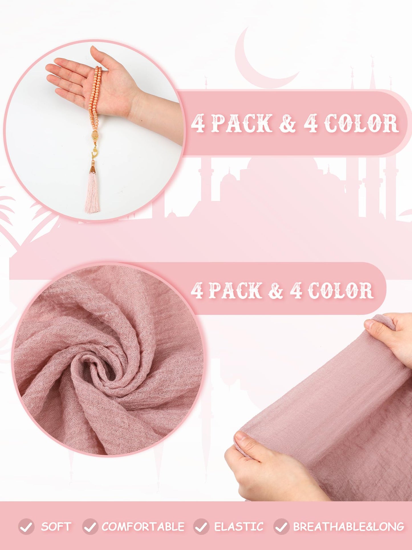 Shyyween 8 Pcs Eid Al-fitr Ramadan Gift Include 4 Soft Cotton Hemp Scarf Shawl 4 Muslim Prayer Beads Tasbih Prayer Beads for Woman Prayer Ramadan Eid Al-fitr Gift Eid Al-fitr Party Favors