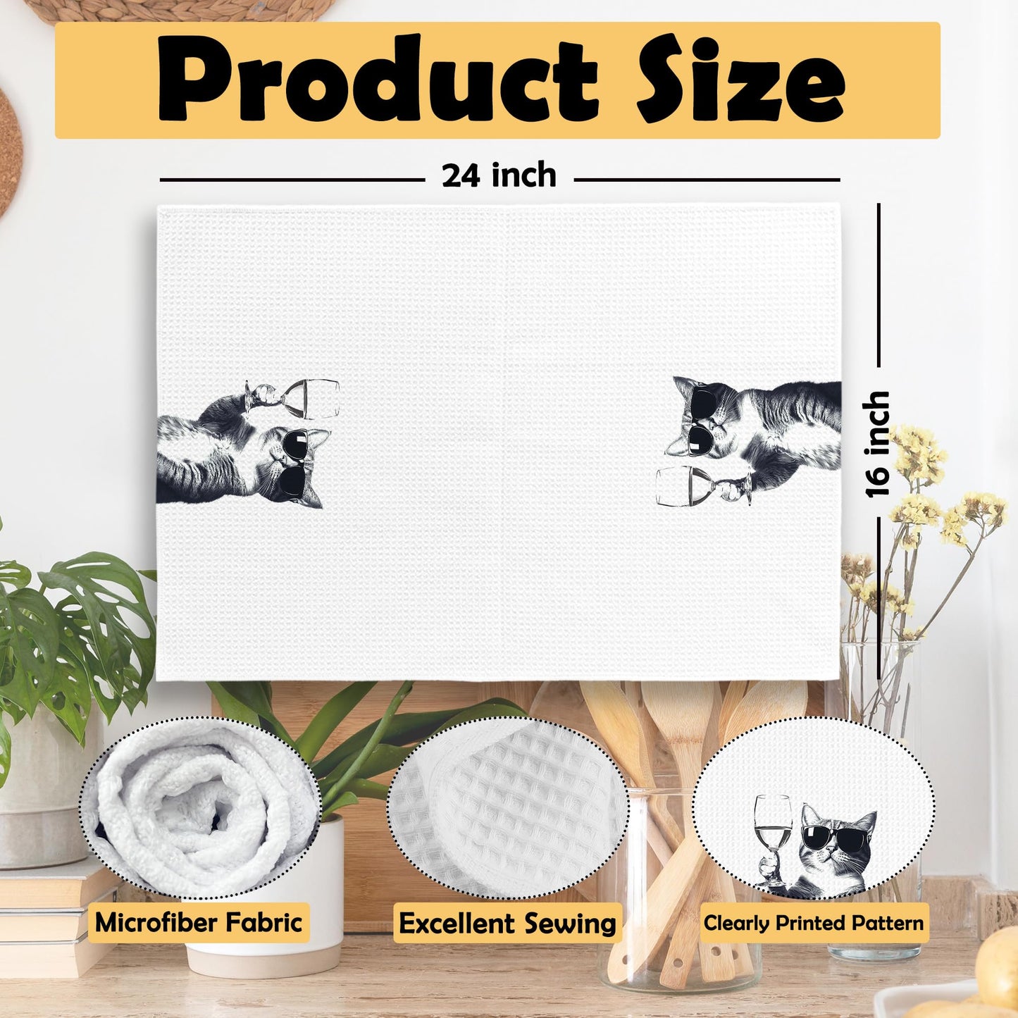 Funny Cat Kitchen Towels Set of 2, Funny Kitchen Decor, Coffee Station Wine Bar Decor, Black and White Cat Owner Gift Hand Towel, Dining Room Decorative Tea Towel Dish Towels 16x24 Inch