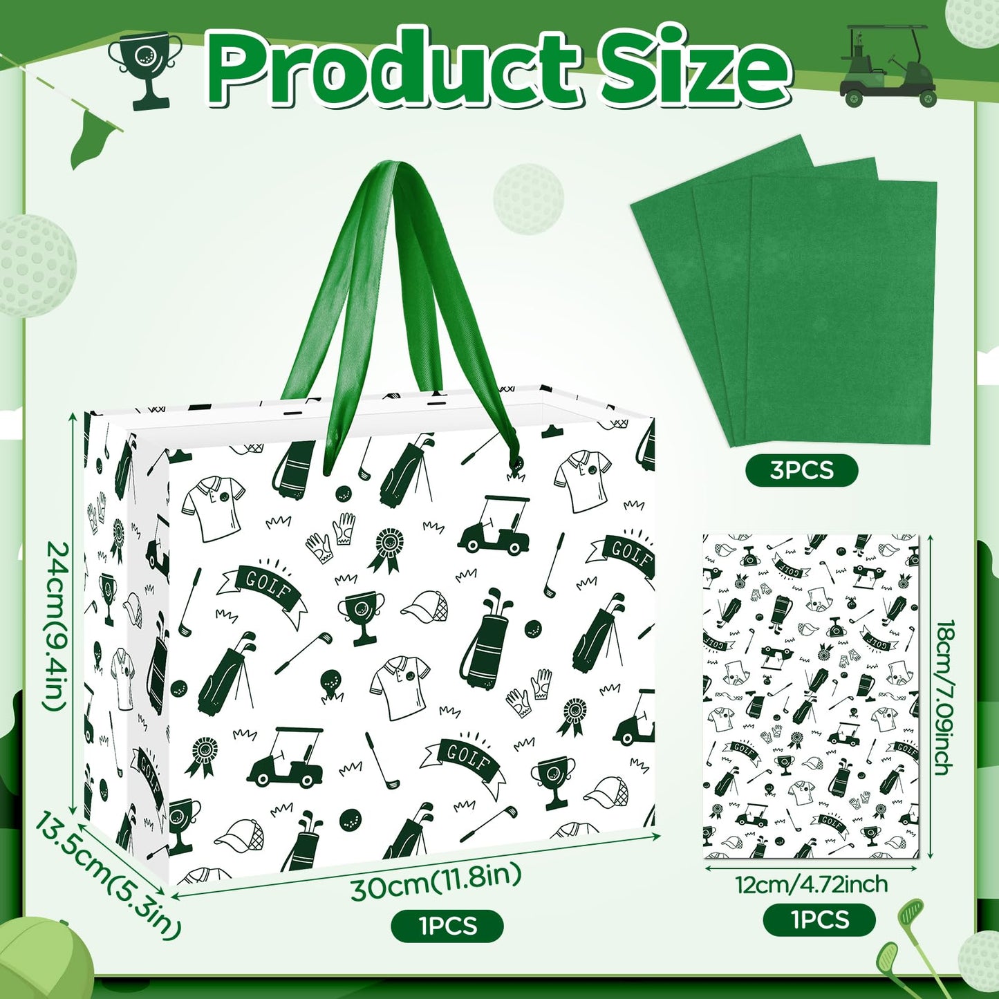 Wayyogh Golf Gift Bag for Boys & Men - Golf Theme Birthday Gift Wrapping Bag with Tissue Paper, Greeting Card, Decorations - Sports Party Favors - Green, 30 x 24 x 13.5cm