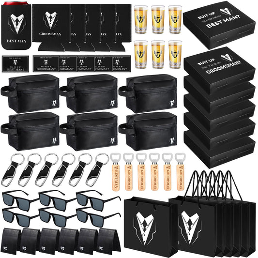 Roshtia 60 Pcs Groomsmen Proposal Gifts Set, Including 6 Toiletry Bags 6 Sunglasses 6 Cups 6 Can Sleeves 6 Beer Openers 6 Wallets 6 Keychains 6 Postcards 6 Gift Boxes 6 Gift Bags for Wedding Party