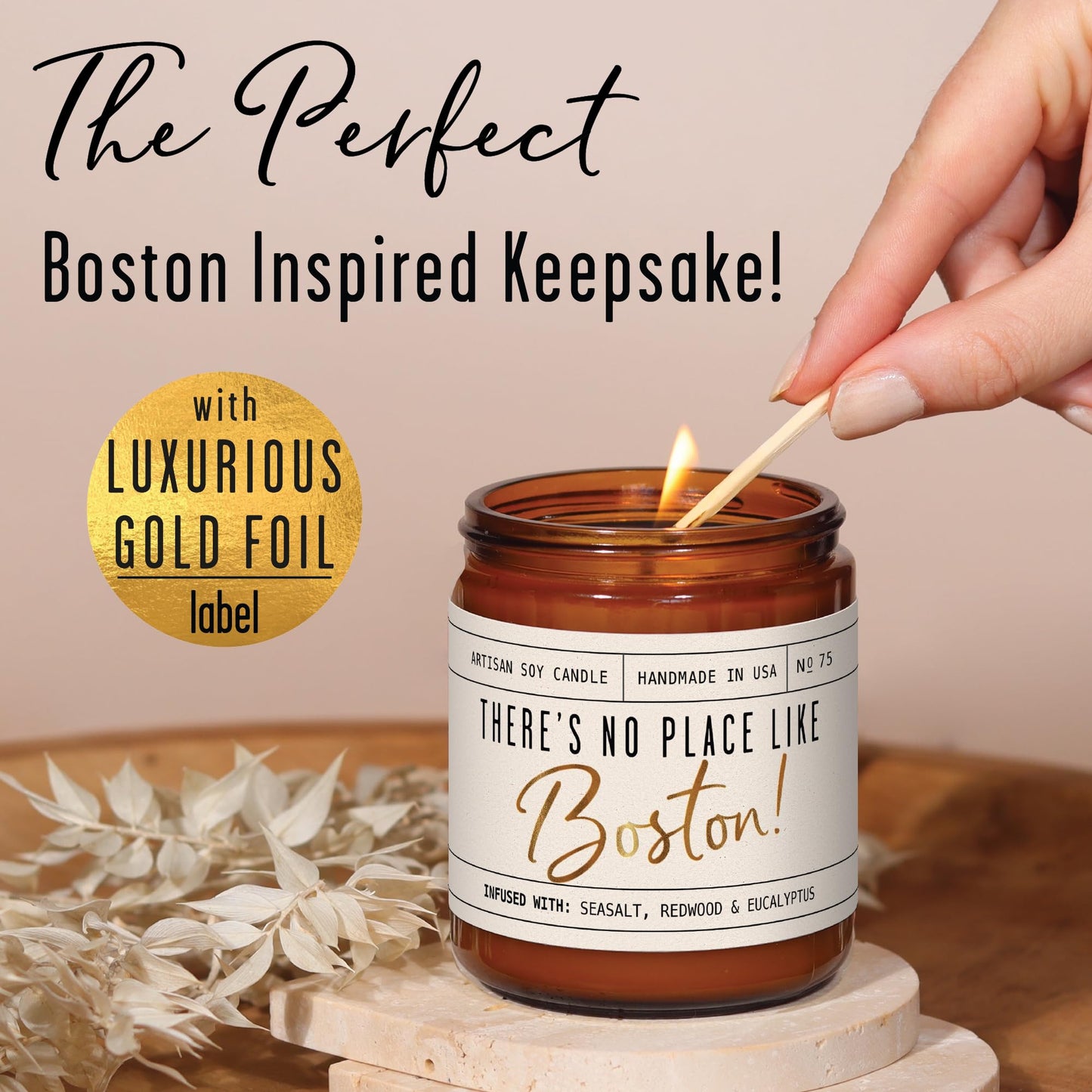 Boston Gifts, Boston Decor for Home - 'There's No Place Like Boston Candle, w/Wood, Sage & Sea Salt I Boston Souvenirs I 9oz Jar, 50Hr Burn, Made in USA
