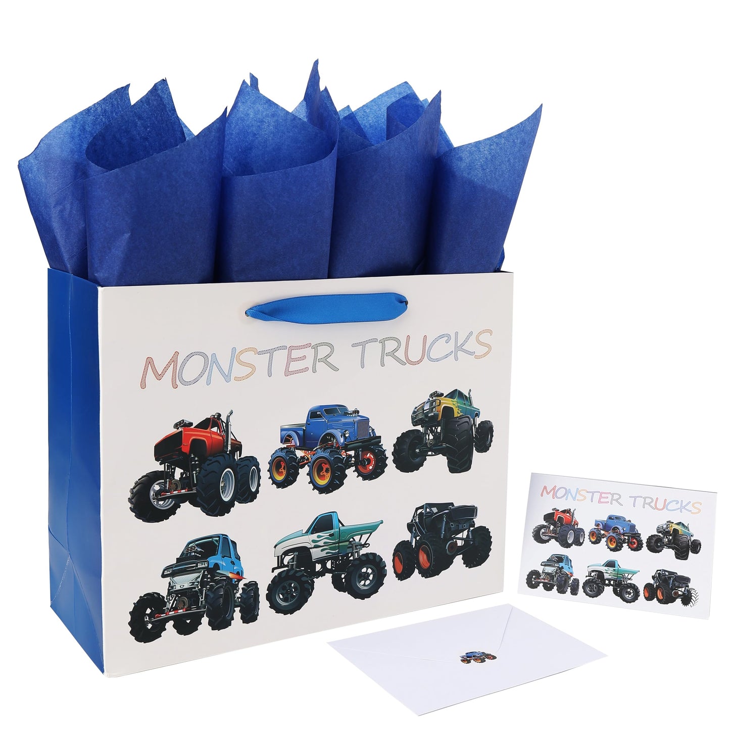 13" Large Birthday Gift Bags Set with Greeting Card and Tissue Paper (Monster Trucks Design) for boys, Kids, Baby boy,Baby Shower,Newborn,New Moms or Parents -13”x5.2”x10.2”, 1 Pcs